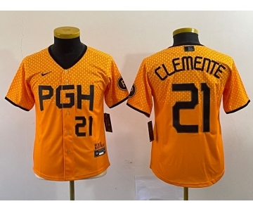 Youth Pittsburgh Pirates #21 Roberto Clemente Number Yellow 2023 City Connect Stitched Jersey2