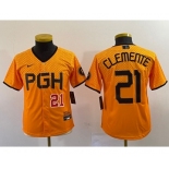 Youth Pittsburgh Pirates #21 Roberto Clemente Number Yellow 2023 City Connect Stitched Jersey