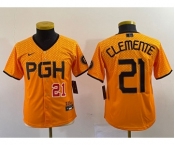 Youth Pittsburgh Pirates #21 Roberto Clemente Number Yellow 2023 City Connect Stitched Jersey