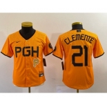 Youth Pittsburgh Pirates #21 Roberto Clemente Yellow 2023 City Connect Stitched Jersey1