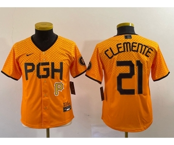 Youth Pittsburgh Pirates #21 Roberto Clemente Yellow 2023 City Connect Stitched Jersey1