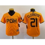 Youth Pittsburgh Pirates #21 Roberto Clemente Yellow 2023 City Connect Stitched Jersey