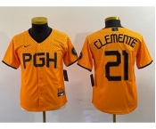 Youth Pittsburgh Pirates #21 Roberto Clemente Yellow 2023 City Connect Stitched Jersey