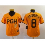 Youth Pittsburgh Pirates #8 Willie Stargell Number Yellow 2023 City Connect Stitched Jersey5