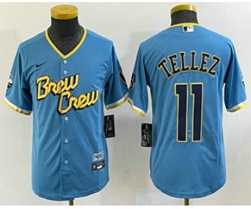 Youth Milwaukee Brewers #11 Rowdy Tellez Blue 2022 City Connect Cool Base Stitched Jersey