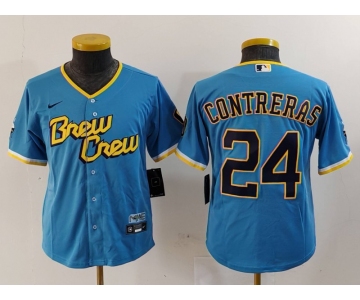 Youth Milwaukee Brewers #24 William Contreras Blue 2022 City Connect Cool Base Stitched Jersey