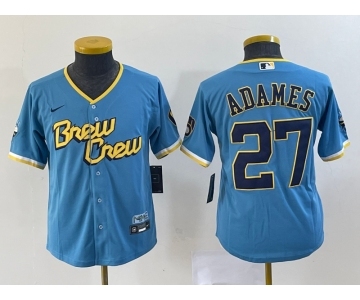 Youth Milwaukee Brewers #27 Willy Adames Blue 2022 City Connect Cool Base Stitched Jersey