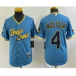 Youth Milwaukee Brewers #4 Paul Molitor Blue 2022 City Connect Cool Base Stitched Jersey