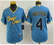 Youth Milwaukee Brewers #4 Paul Molitor Blue 2022 City Connect Cool Base Stitched Jersey