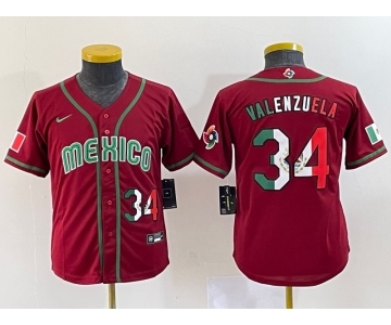 Youth Mexico Baseball #34 Fernando Valenzuela 2023 Red World Classic Stitched Jersey 2