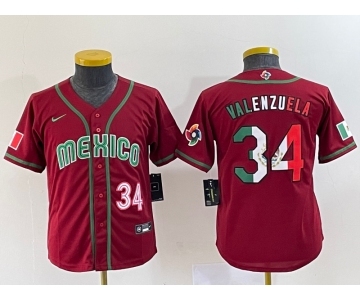 Youth Mexico Baseball #34 Fernando Valenzuela 2023 Red World Classic Stitched Jersey 3