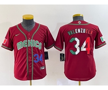 Youth Mexico Baseball #34 Fernando Valenzuela 2023 Red World Classic Stitched Jersey1