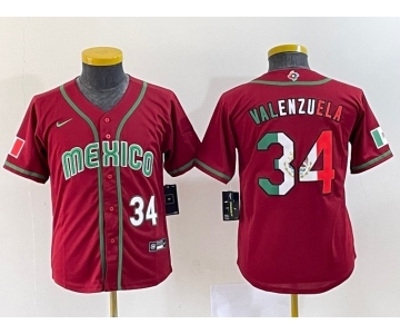 Youth Mexico Baseball #34 Fernando Valenzuela 2023 Red World Classic Stitched Jersey