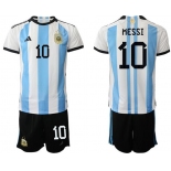 Men's Argentina #10 Lionel Messi White Blue Soccer Jersey Suit