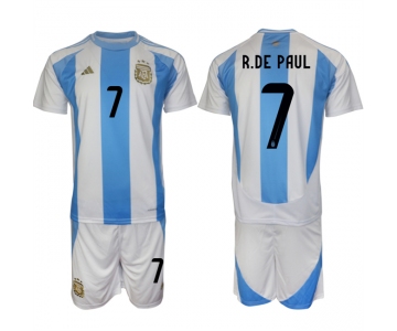 Men's Argentina #7 Rodrigo Javier De Paul White Blue 2024-25 Home Soccer Jersey Suit