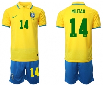 Men's Brazil #14 Militao Yellow Home Soccer Jersey Suit