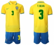 Men's Brazil #3 T. Silva Yellow Home Soccer Jersey Suit