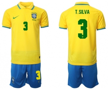 Men's Brazil #3 T. Silva Yellow Home Soccer Jersey Suit