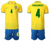 Men's Brazil #4 Marquinhos Yellow Home Soccer Jersey Suit