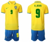 Men's Brazil #9 G. Jesus Yellow Home Soccer Jersey Suit