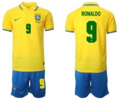 Men's Brazil #9 Ronaldo Yellow Home Soccer Jersey Suit