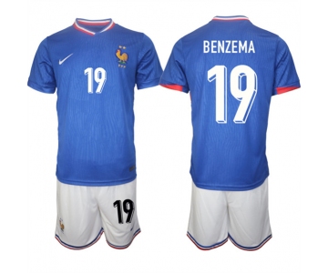 Men's France #19 Karim Benzema Blue 2024-25 Home Soccer Jersey Suit