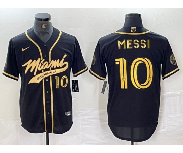 Men's Inter Miami CF #10 Lionel Messi Black Gold Cool Base Stitched Baseball Jersey