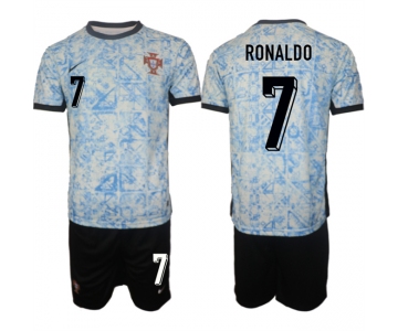 Men's Portugal Team #7 Ronaldo 2024-25 White Blue Away Soccer Jersey Suit