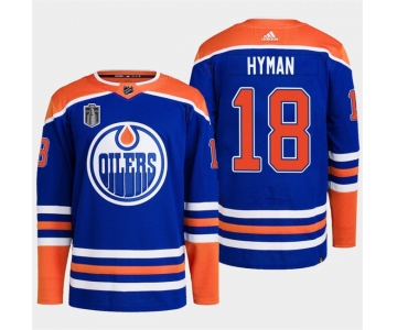 Men's Edmonton Oilers #18 Zach Hyman Royal 2024 Stanley Cup Final Patch Stitched Jersey