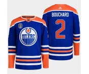 Men's Edmonton Oilers #2 Evan Bouchard Royal 2024 Stanley Cup Final Patch Stitched Jersey