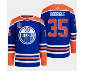 Men's Edmonton Oilers #35 Olivier Rodrigue Royal 2024 Stanley Cup Final Patch Stitched Jersey