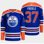 Men's Edmonton Oilers #37 Warren Foegele Royal 2024 Stanley Cup Final Patch Stitched Jersey