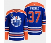 Men's Edmonton Oilers #37 Warren Foegele Royal 2024 Stanley Cup Final Patch Stitched Jersey