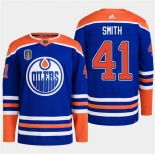 Men's Edmonton Oilers #41 Mike Smith Royal 2024 Stanley Cup Final Patch Stitched Jersey