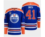 Men's Edmonton Oilers #41 Mike Smith Royal 2024 Stanley Cup Final Patch Stitched Jersey