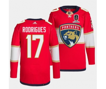 Men's Florida Panthers #17 Evan Rodrigues Red Home 2024 Stanley Cup Champions Stitched Jersey