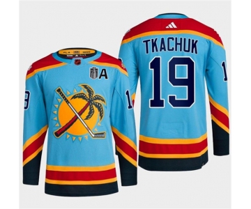 Men's Florida Panthers #19 Matthew Tkachuk Blue 2024 Stanley Cup Final Patch Reverse Retro Stitched Jersey