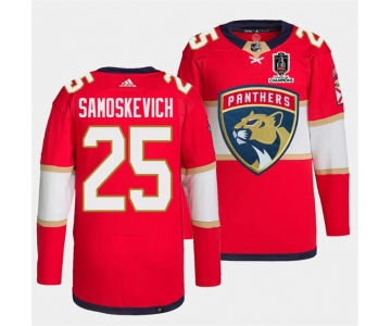 Men's Florida Panthers #25 Mackie Samoskevich Red Home 2024 Stanley Cup Champions Stitched Jersey