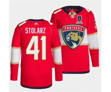 Men's Florida Panthers #41 Anthony Stolarz Red Home 2024 Stanley Cup Champions Stitched Jersey