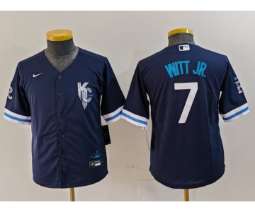 Youth Kansas City Royals #7 Bobby Witt Jr 2022 Navy Blue City Connect Cool Base Stitched Jersey