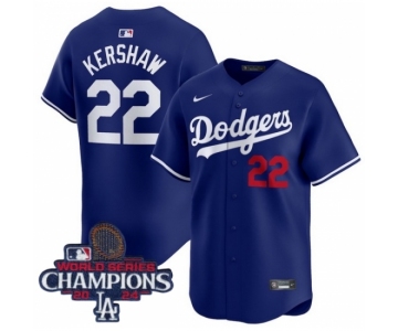 Men Nike Los Angeles Dodgers Clayton Kershaw #22 Blue Flex Base 2024 World Series Champions Stitched MLB Jersey