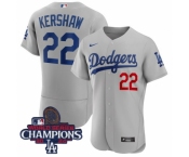 Men Nike Los Angeles Dodgers Clayton Kershaw #22 Gray Flex Base 2024 World Series Champions Stitched MLB Jersey