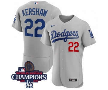 Men Nike Los Angeles Dodgers Clayton Kershaw #22 Gray Flex Base 2024 World Series Champions Stitched MLB Jersey