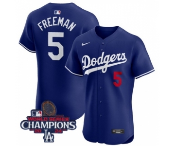 Men Nike Los Angeles Dodgers Freddie Freeman #5 Blue Flex Base 2024 World Series Champions Stitched MLB Jersey