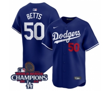 Men Nike Los Angeles Dodgers Mookie Betts #50 Blue Flex Base 2024 World Series Champions Stitched MLB Jersey