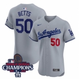 Men Nike Los Angeles Dodgers Mookie Betts #50 Gray Flex Base 2024 World Series Champions Stitched MLB Jersey