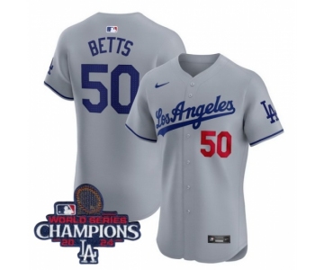 Men Nike Los Angeles Dodgers Mookie Betts #50 Gray Flex Base 2024 World Series Champions Stitched MLB Jersey