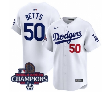 Men Nike Los Angeles Dodgers Mookie Betts #50 White Flex Base 2024 World Series Champions Stitched MLB Jersey