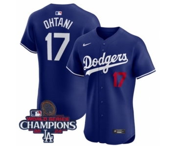 Men Nike Los Angeles Dodgers Shohei Ohtani #17 Blue Flex Base 2024 World Series Champions Stitched MLB Jersey