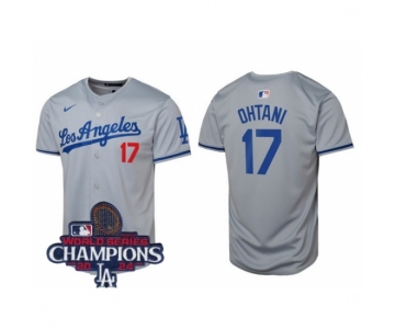 Men Nike Los Angeles Dodgers Shohei Ohtani #17 Gray Flex Base 2024 World Series Champions Stitched MLB Jersey II